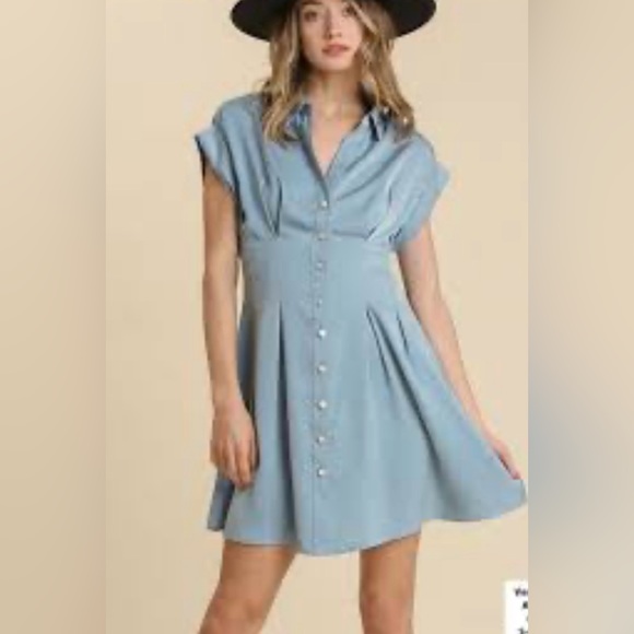 Umgee Dresses & Skirts - UMGEE Blue Satin Button Down Short Sleeve Mini Dress NWT